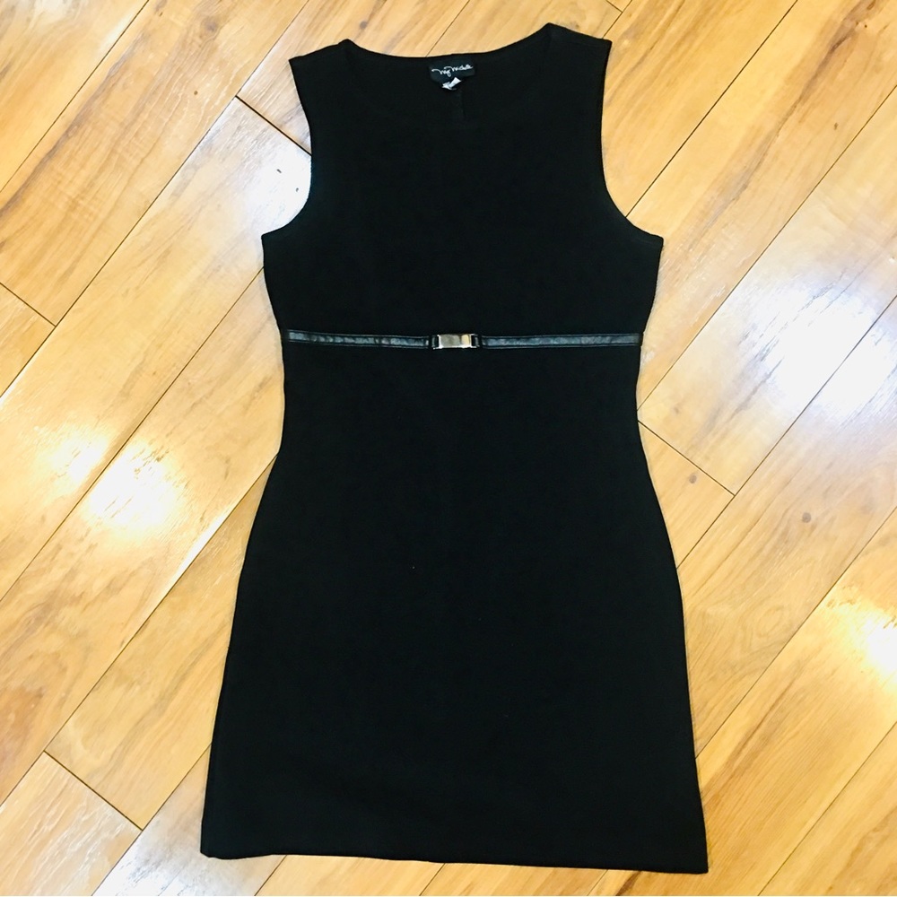 Black cotton knit from fitting mini dress faux leather belt workwear cas…